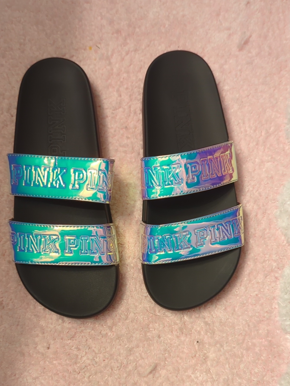 PINK Victoria's Secret Holographic Iridescent Slide Sandals for Kids